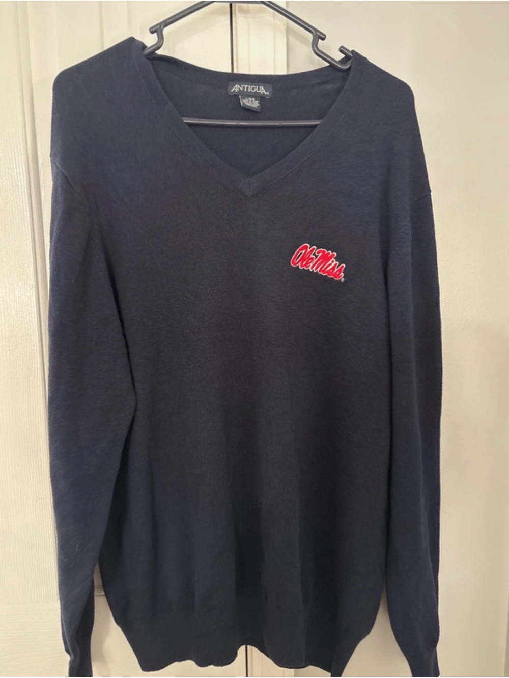 Antigua Navy V-Neck Sweater with Embroidered Red Ole Miss Script